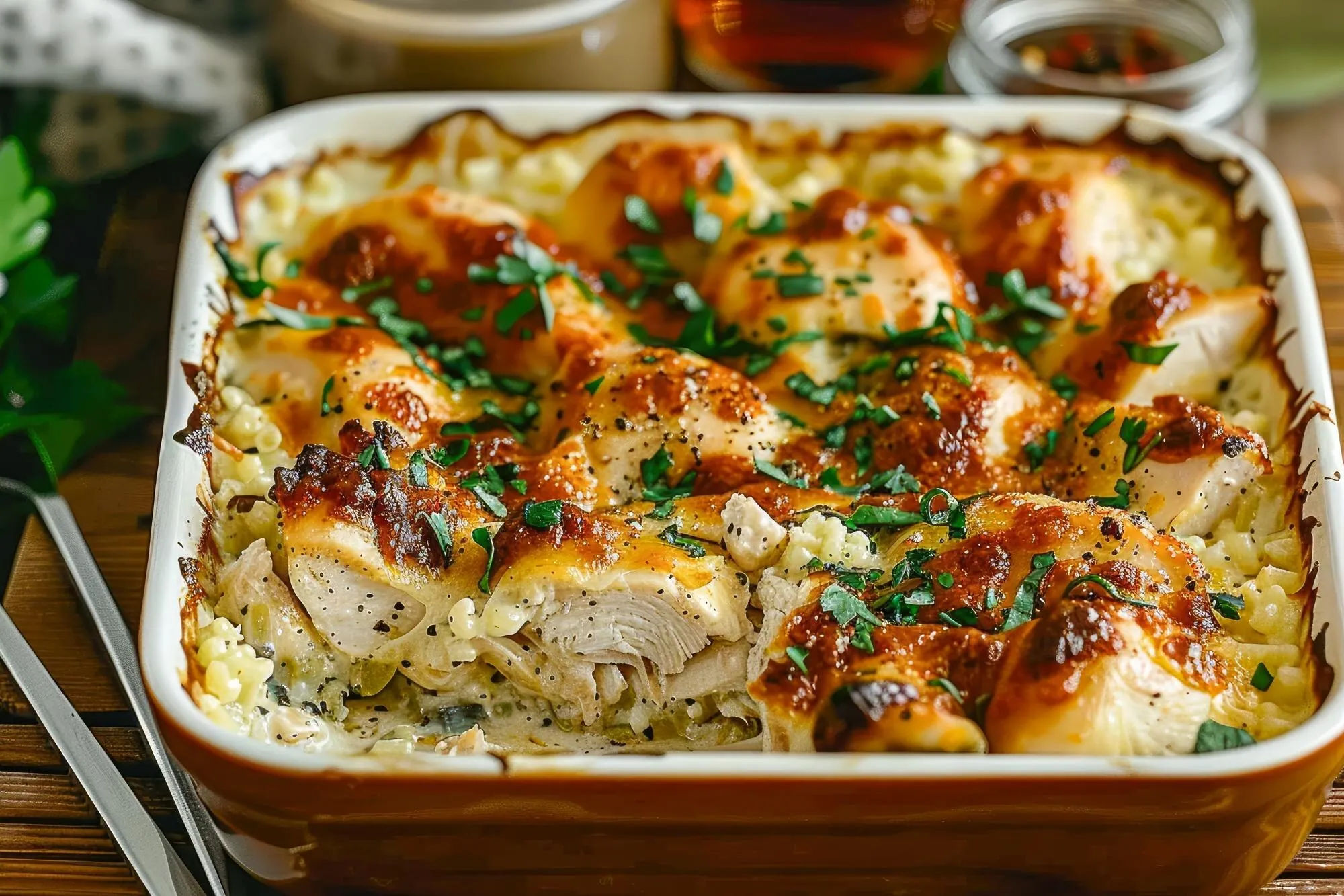 Gratinado de pollo y arroz con queso en una fuente