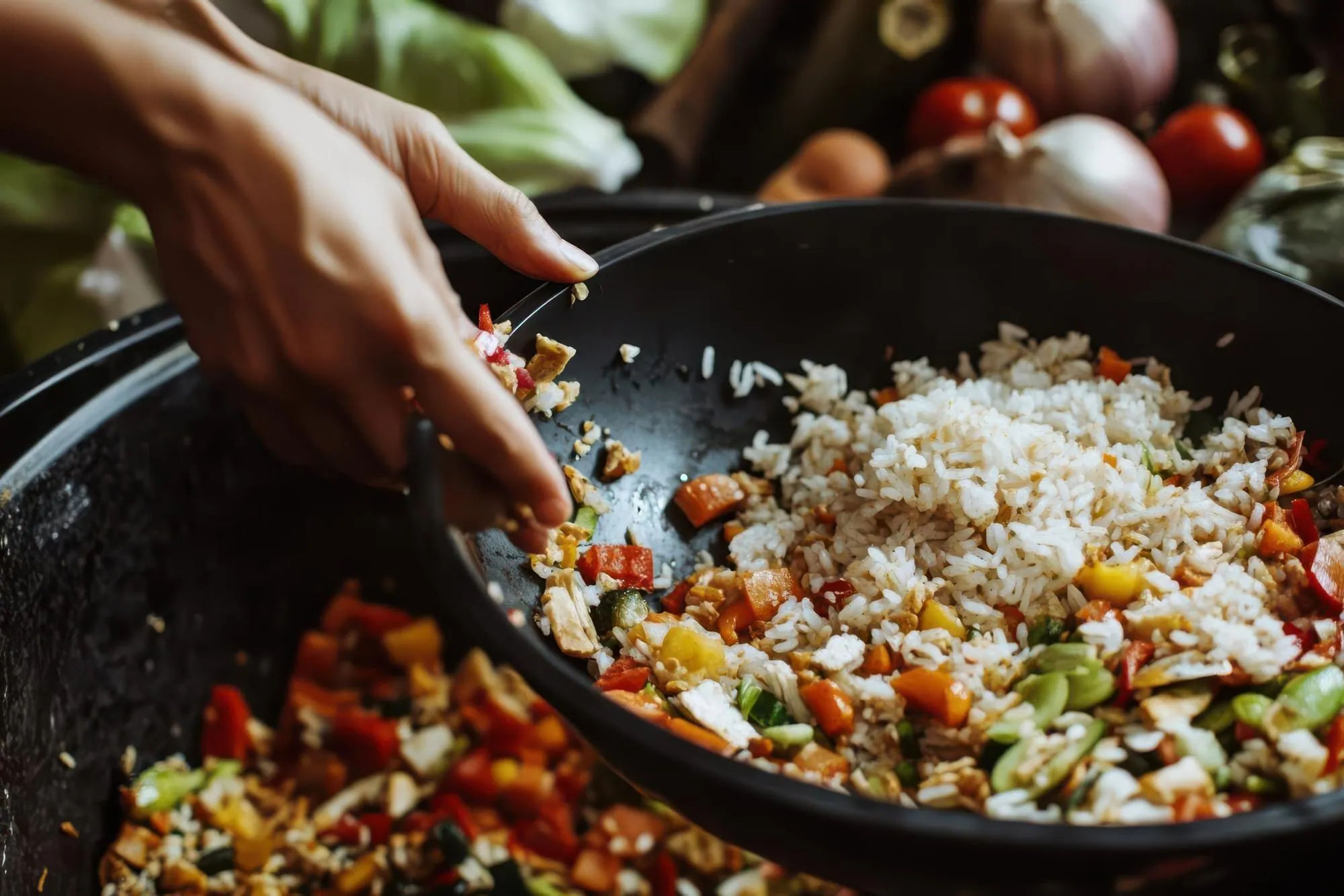 Cook mixing cooked rice and vegetables into a new skillet meal