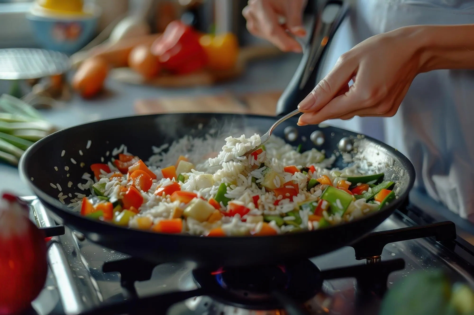 Riz cuit et légumes colorés mélangés dans une poêle