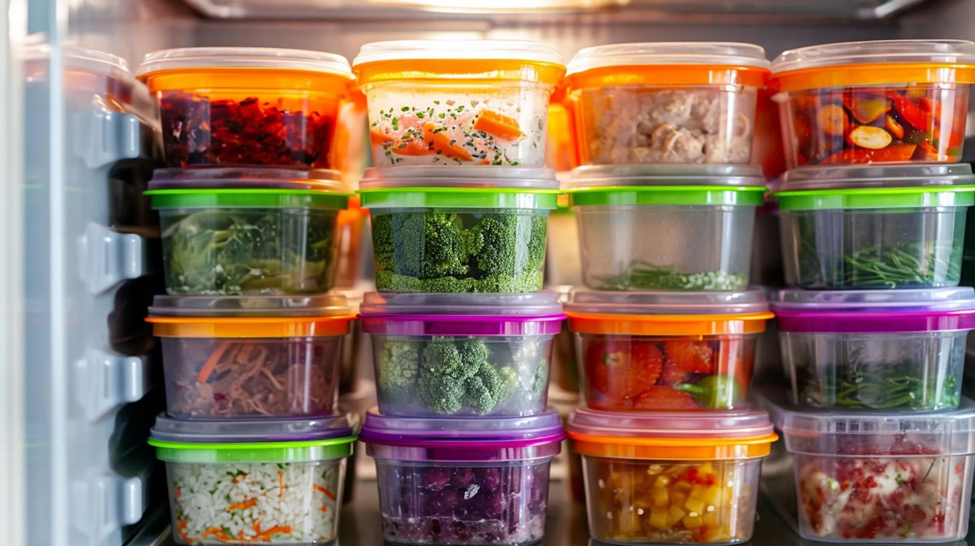 Clear containers of different cooked foods arranged on refrigerator shelves