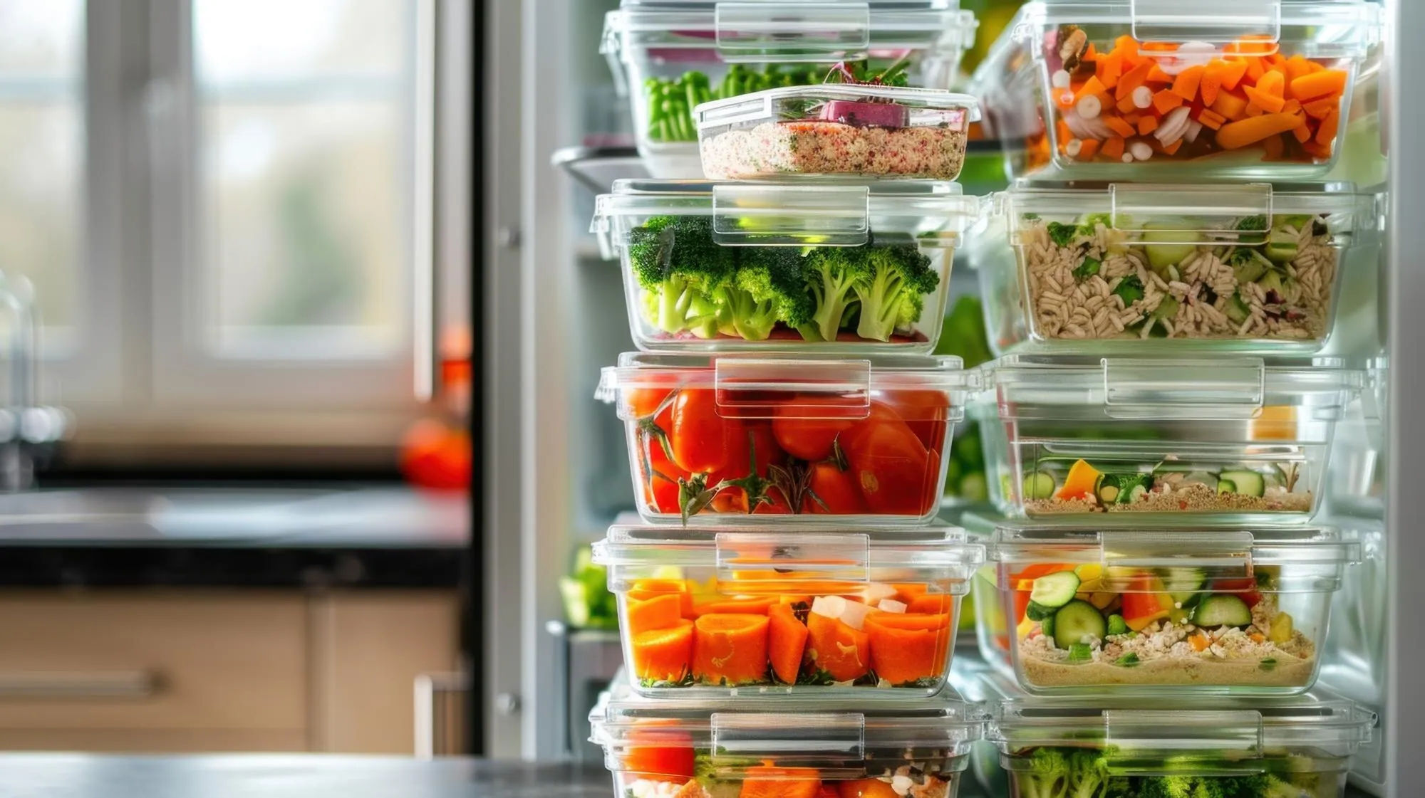 Componenti del pasto preparati in contenitori trasparenti all'interno di un frigorifero