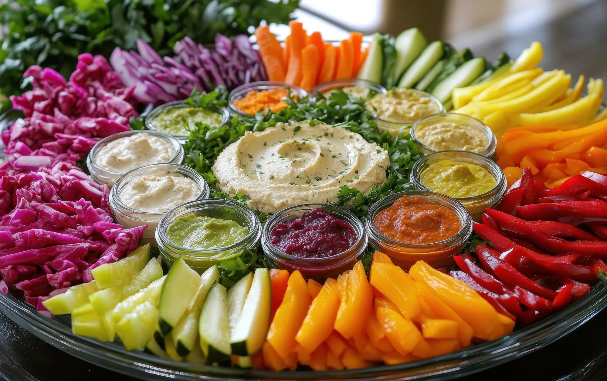 Colorful cut vegetables with hummus and several dips for guests