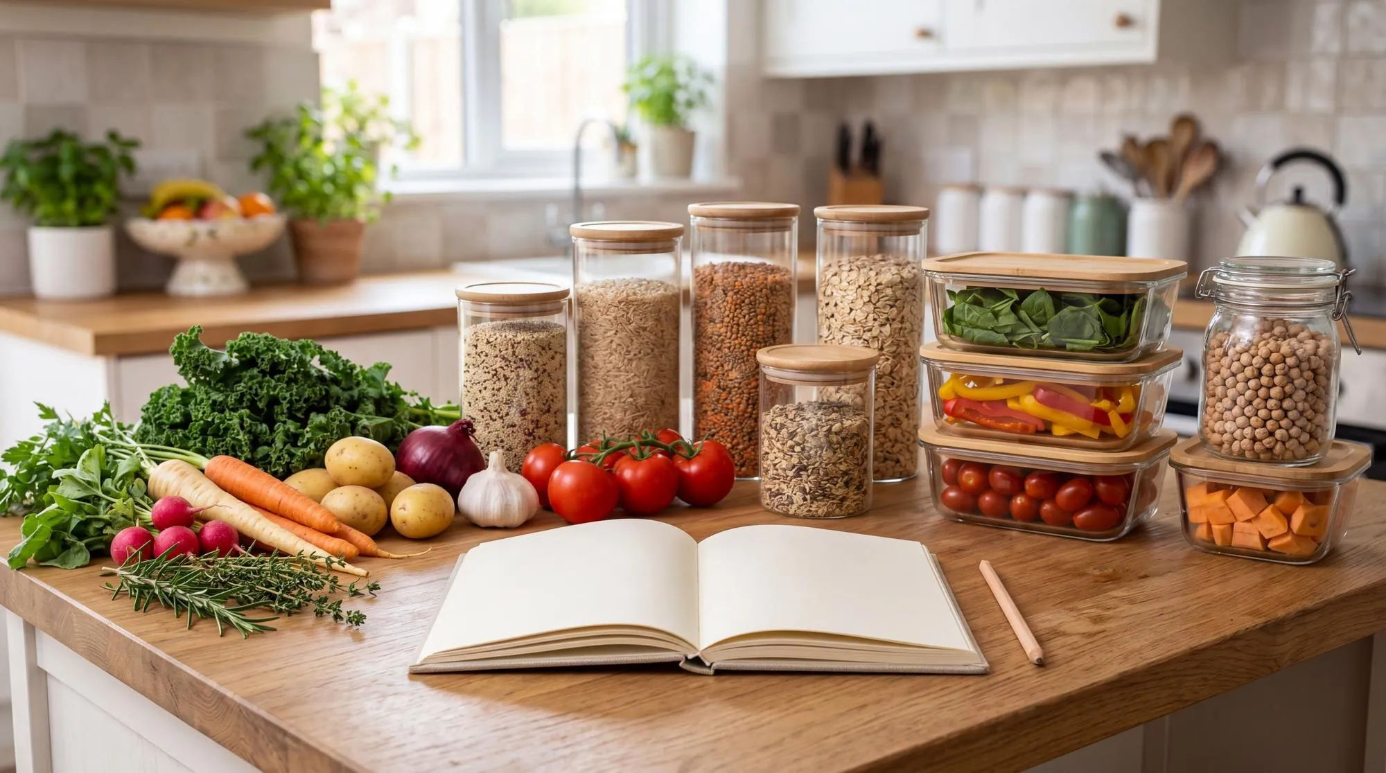 Reusable grains and vegetables arranged beside a family meal planner