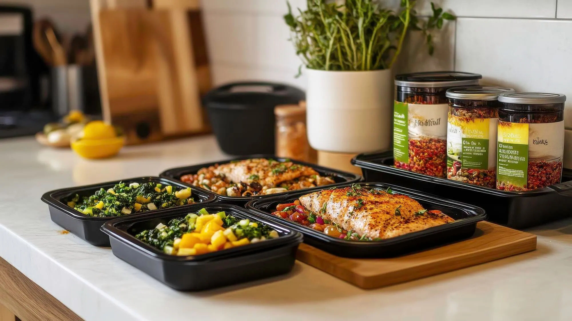 Contenitori meal prep per diversi pranzi di lavoro su un piano cucina