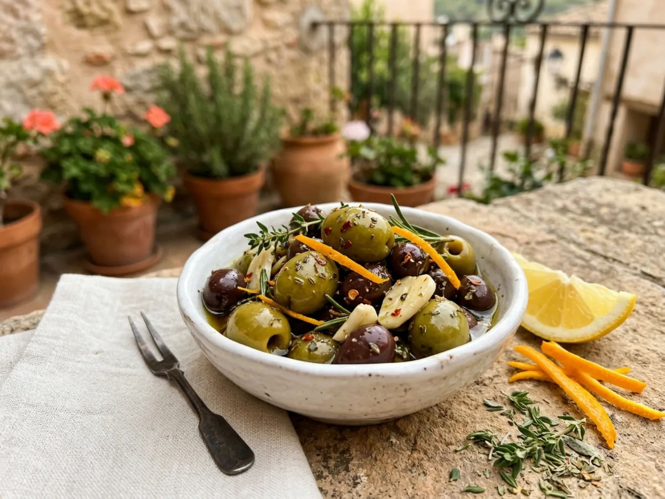 Marinierte Oliven mit Zitrus und Knoblauch