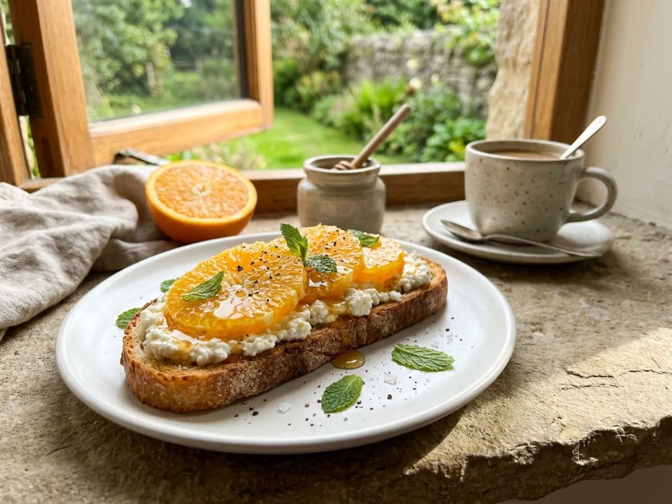 Tostada con ricota, naranja y miel al estilo español
