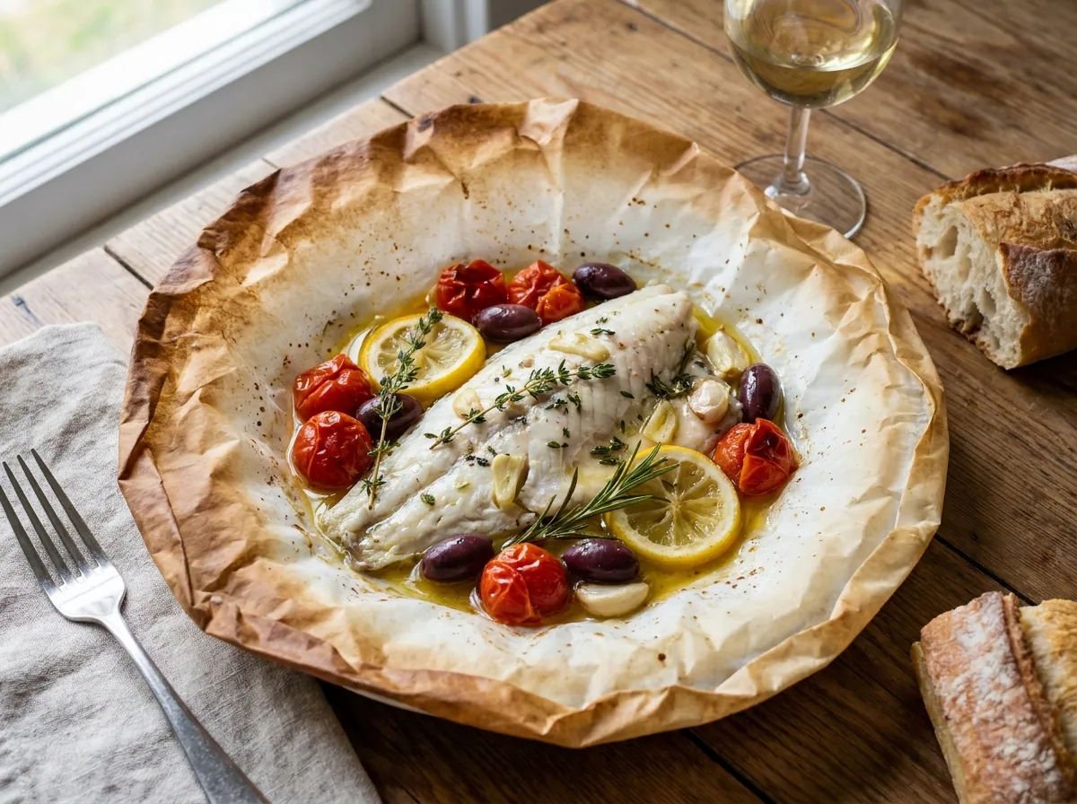 Weißer Fisch al Cartoccio mit Tomaten und Oliven