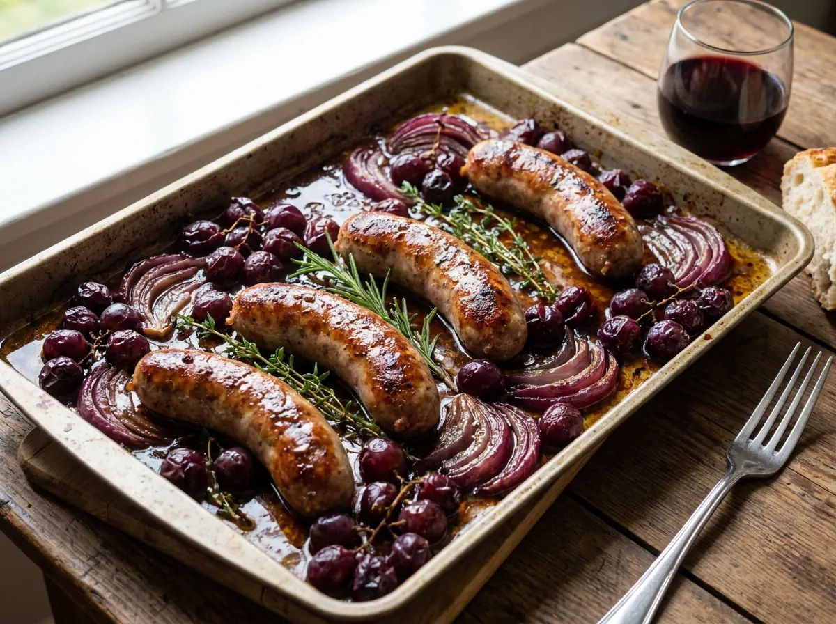 Italienische Bratwürste mit Weintrauben und karamellisierten Zwiebeln