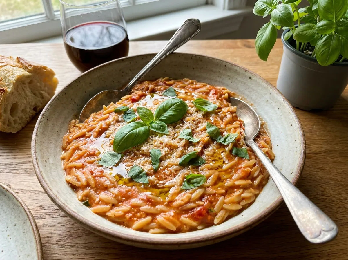 Cremige One-Pot-Orzo-Pasta mit Tomaten und Basilikum