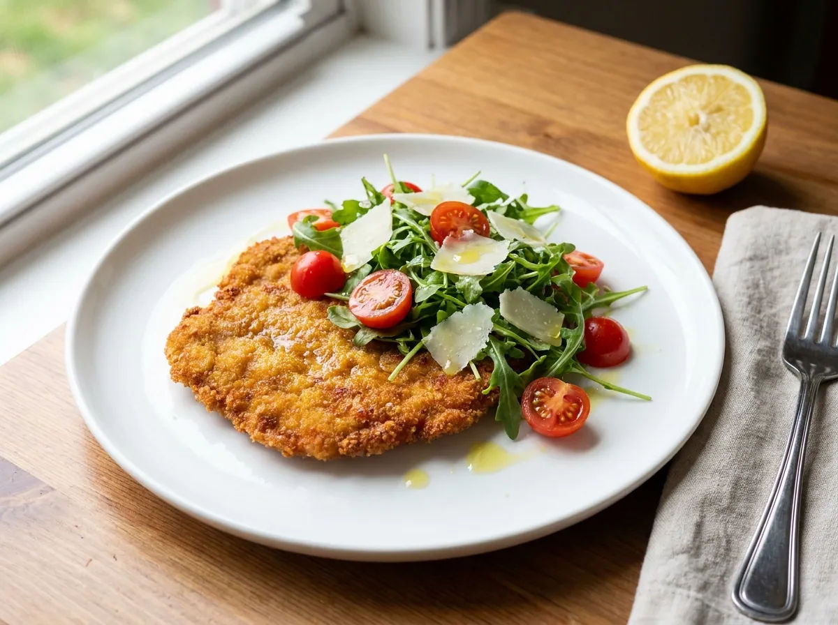Мясо по-милански с рукколой и томатами черри
