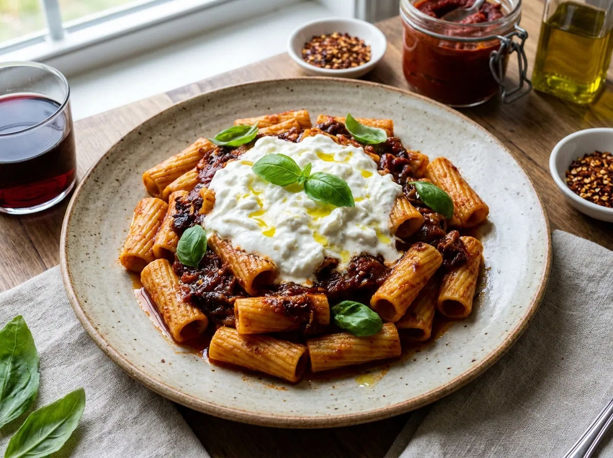 Rigatoni mit scharfem Tomatenöl und Stracciatella