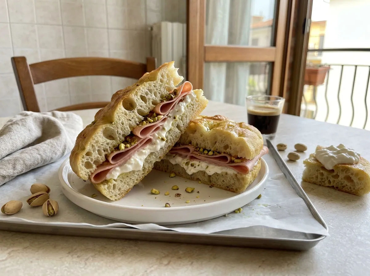 Focaccia-Sandwich mit Mortadella, Stracciatella und Pistazien