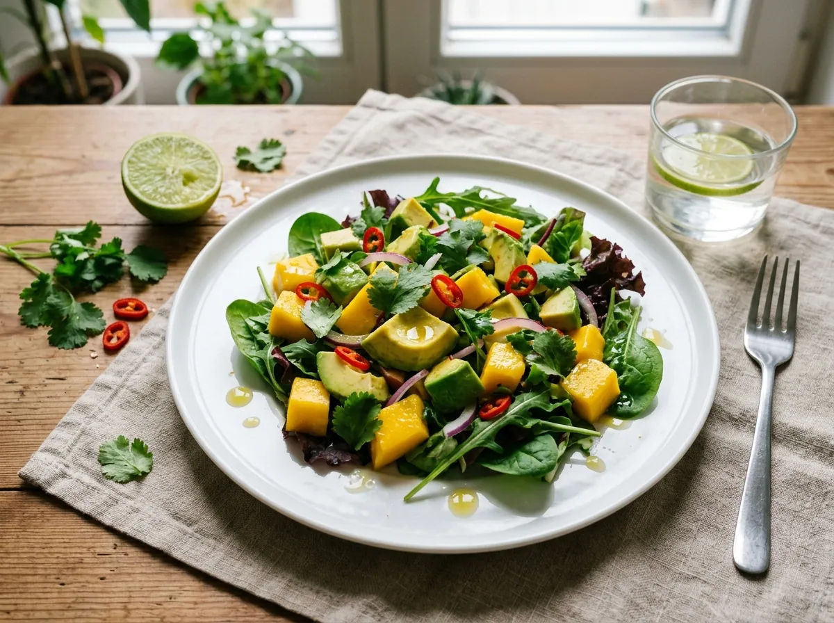 Insalata di mango, avocado e condimento al lime