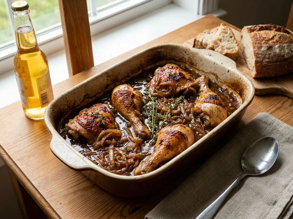 Ofenhähnchen mit Zwiebeln, Bier und Thymian