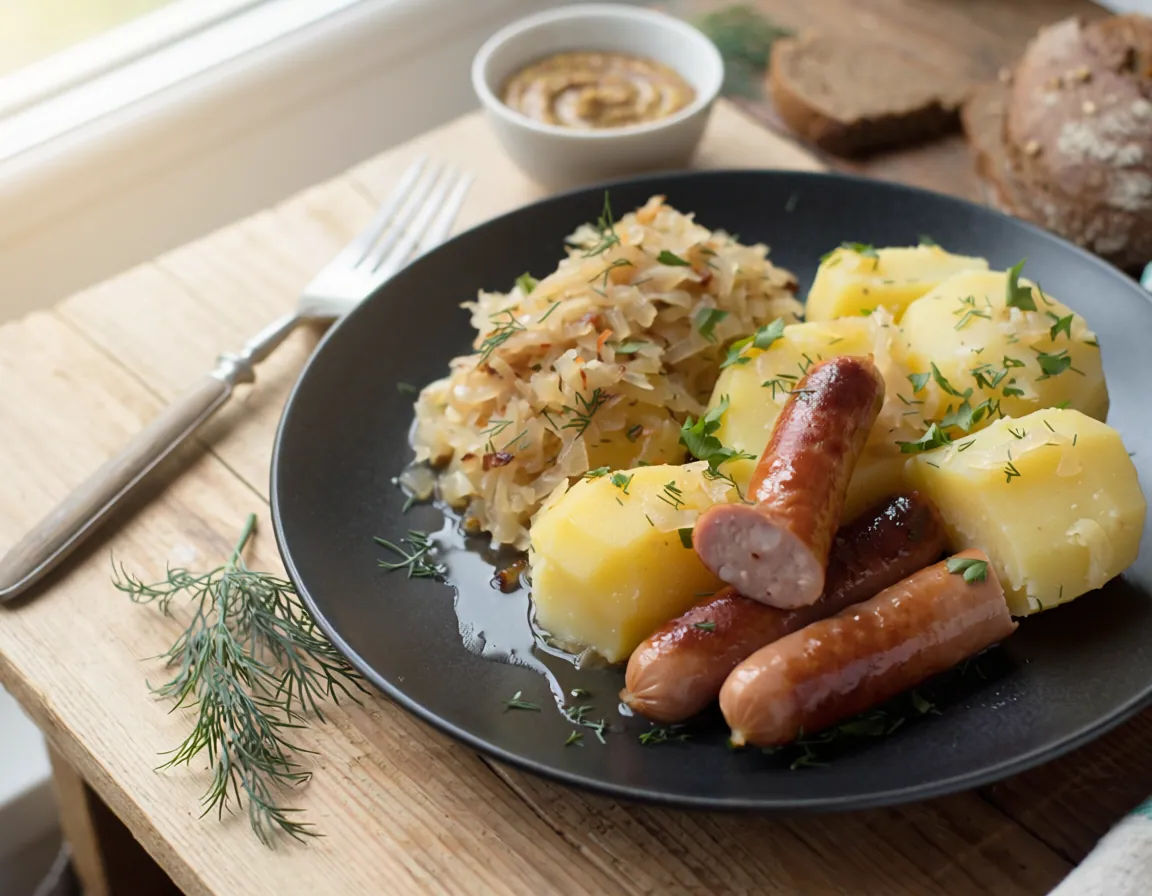 Картофель с квашеной капустой и сосисками