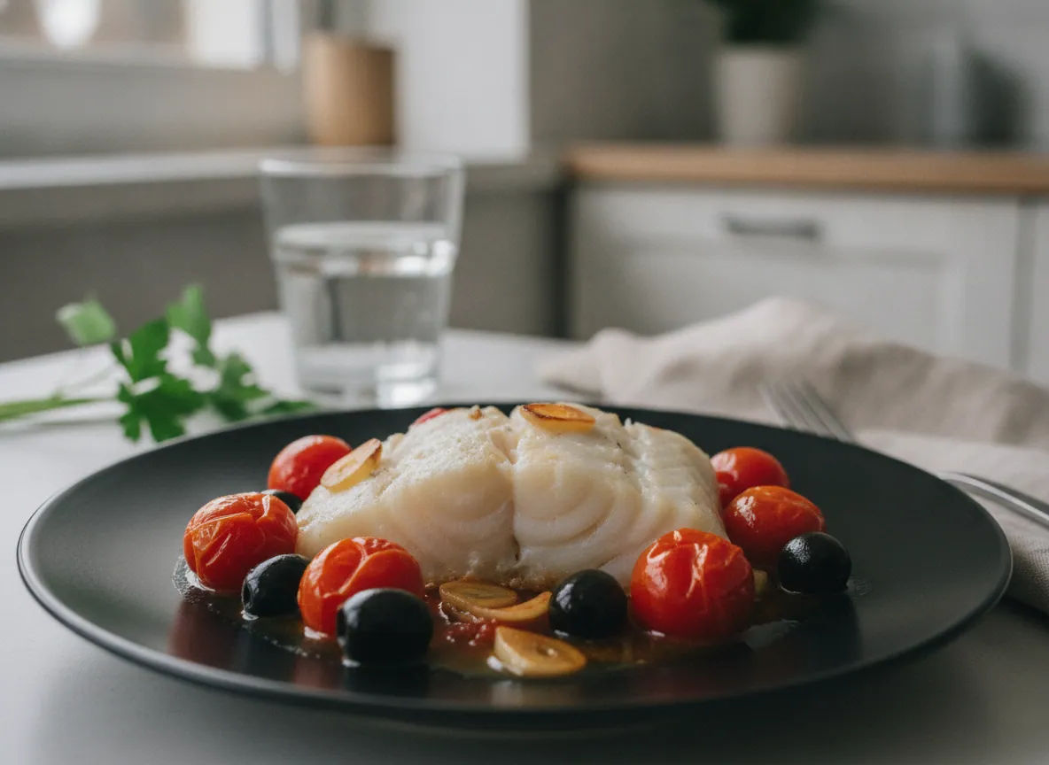 Filetto di merluzzo al forno con pomodorini e olive