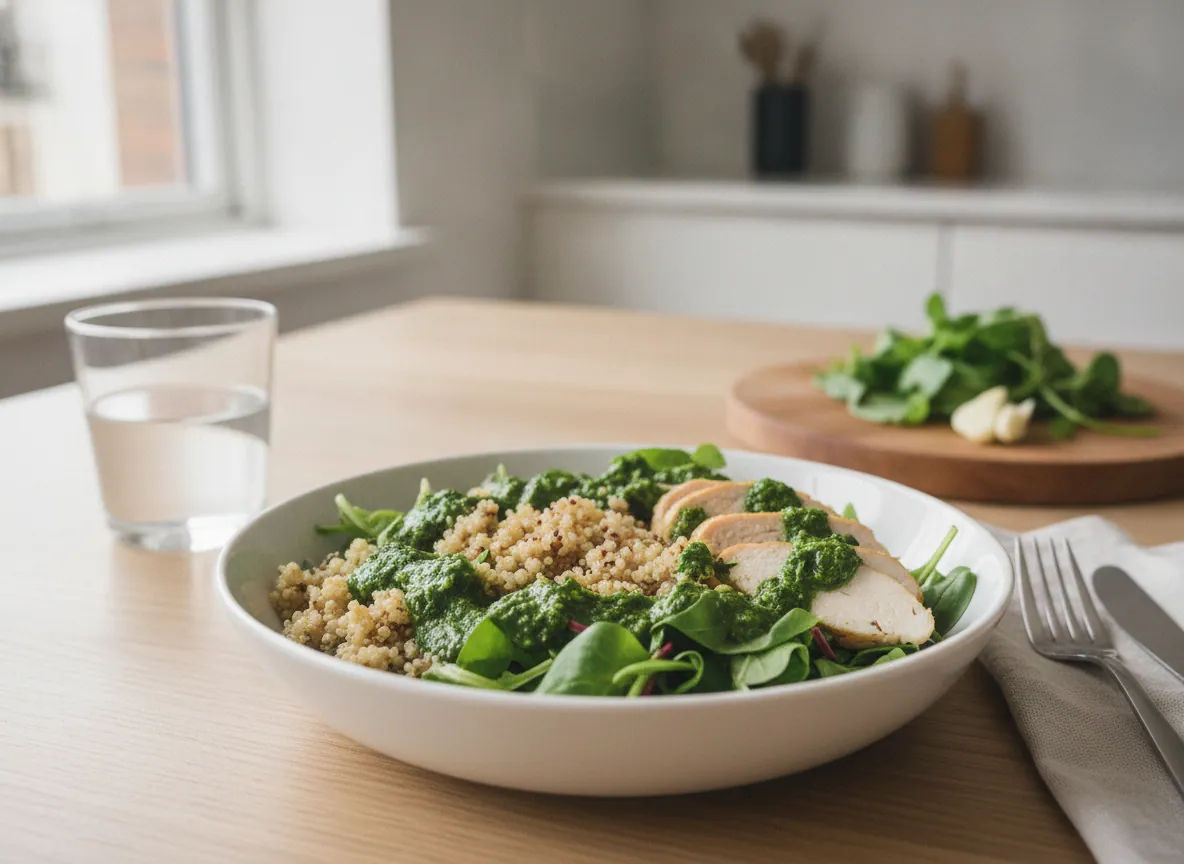 Bowl di quinoa con pollo e salsa verde