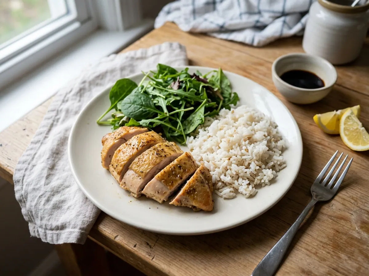 Курица гриль с салатом и рисом