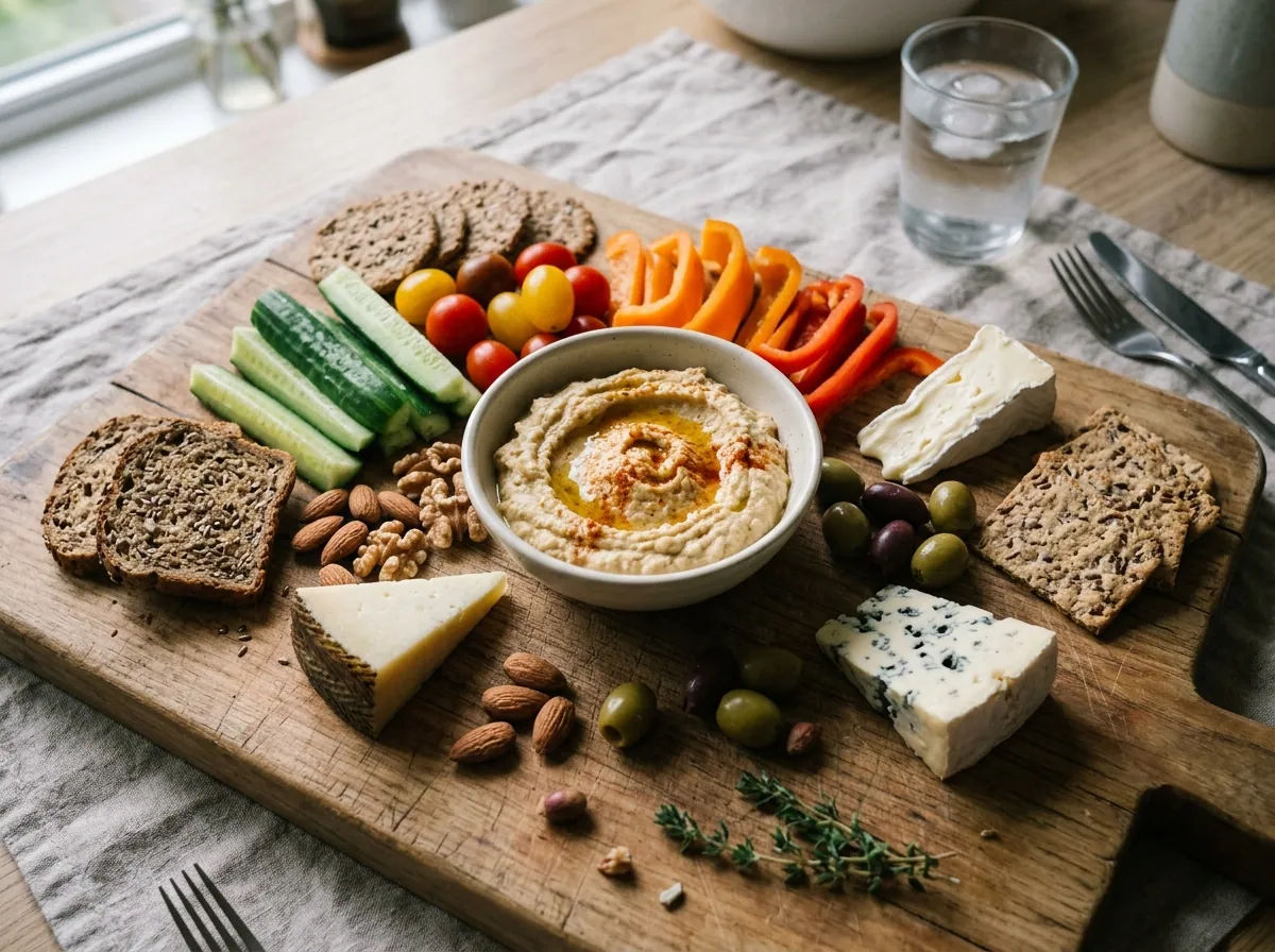 Piatto assortito con hummus, formaggi e verdure