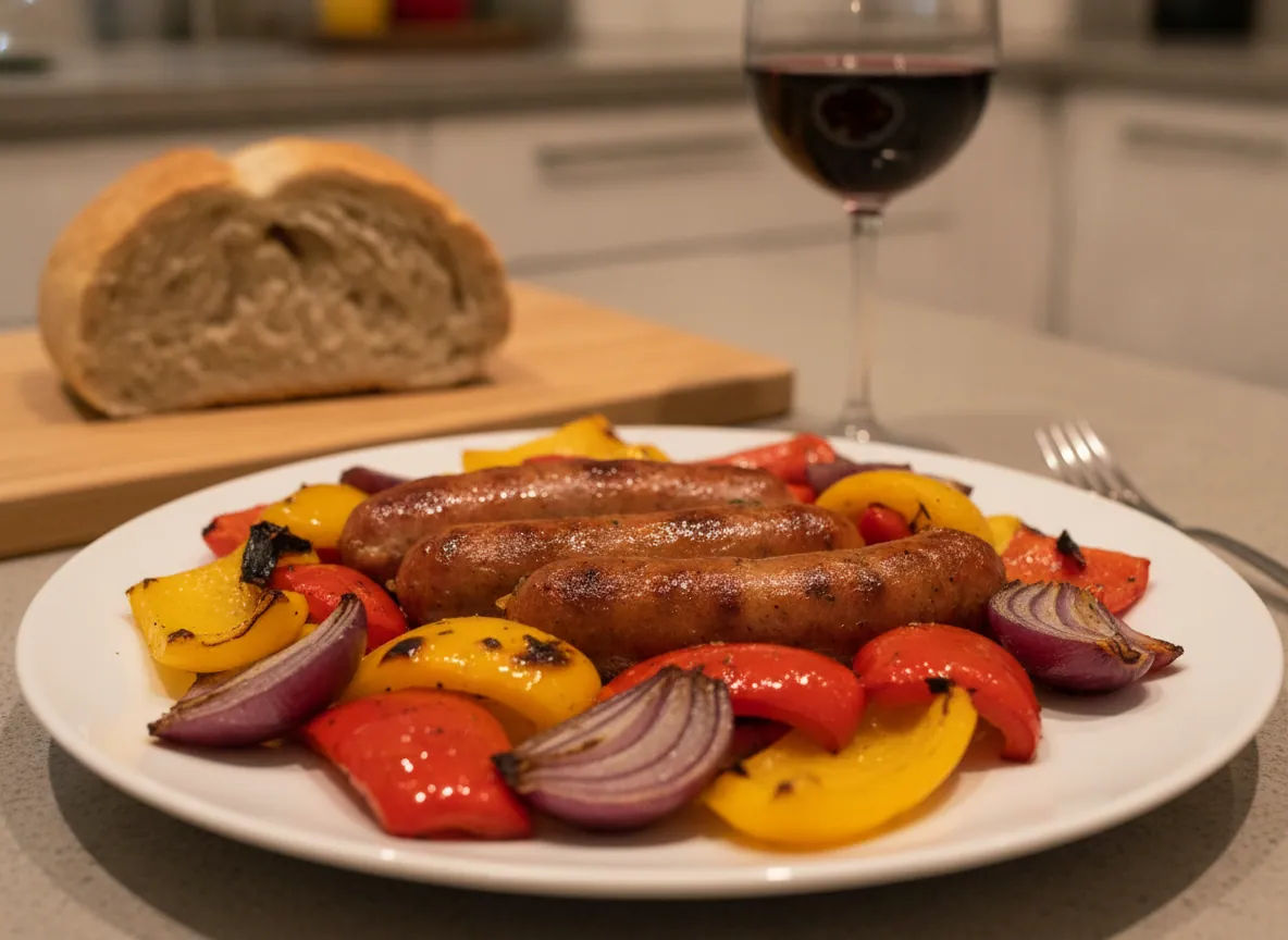 Salsicce al forno con peperoni e cipolle