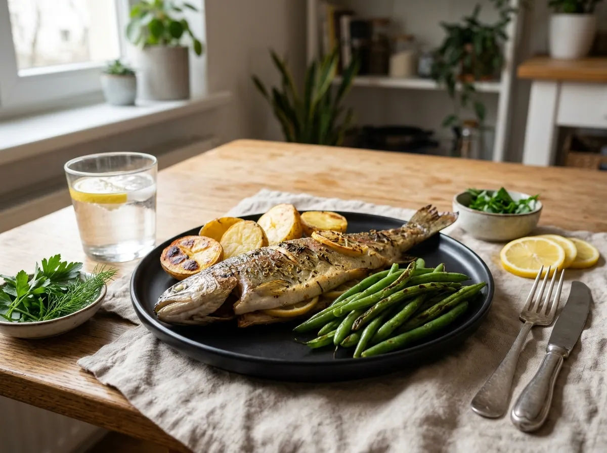 Trota al forno con patate e fagiolini in teglia
