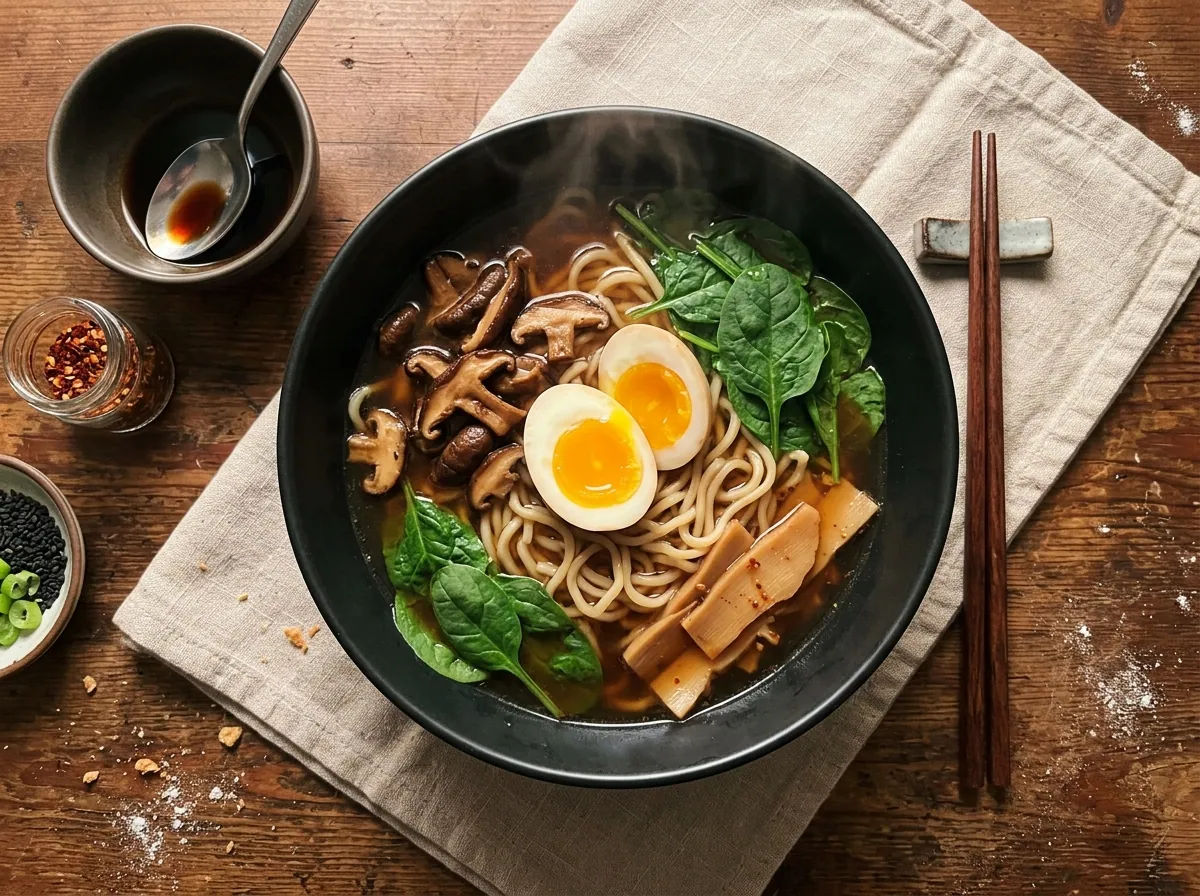 Ramen di noodle all'uovo con funghi e spinaci