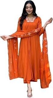 GoSriKiWomen's Rayon Blend Anarkali Thread Work Kurta with Pant & Dupatta