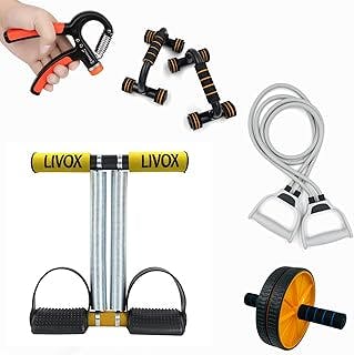 LIVOX Gym Equipment Set for Home Workout Combo Men Women Exercise Gym Kit – Includes Item (Push up bar,Toning tube-Tummy Trimmer-Ab roller-R hand grip)