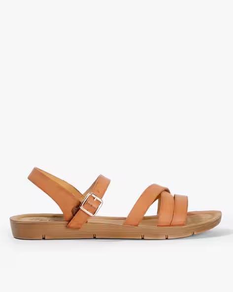 Textured Strappy Flat Sandals with Buckle Closure