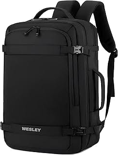 WesleyLuxur 45 Ltrs Overnighter Expandable Travel Laptop Backpack, Flight Cabin Approved Carry On with 16 inch Laptop Compartment, Anti Theft feature business/Travel/Weekender/college Charcoal Black