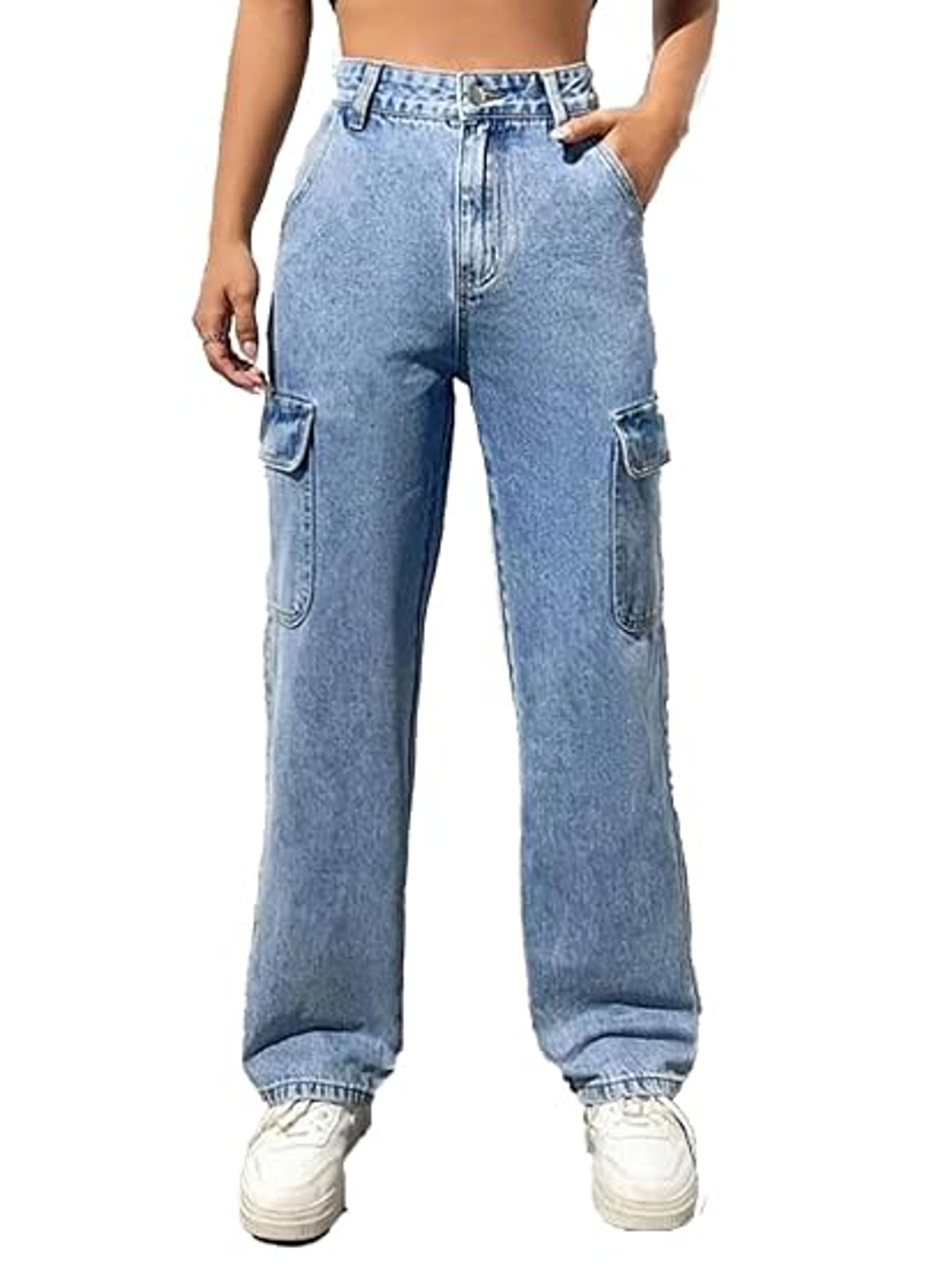 KOTTY Women's Solid High Rise Relaxed Fit Cargo Jeans