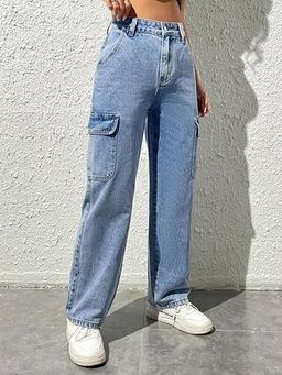 KOTTY Women's Solid High Rise Relaxed Fit Cargo Jeans thumbnail 1