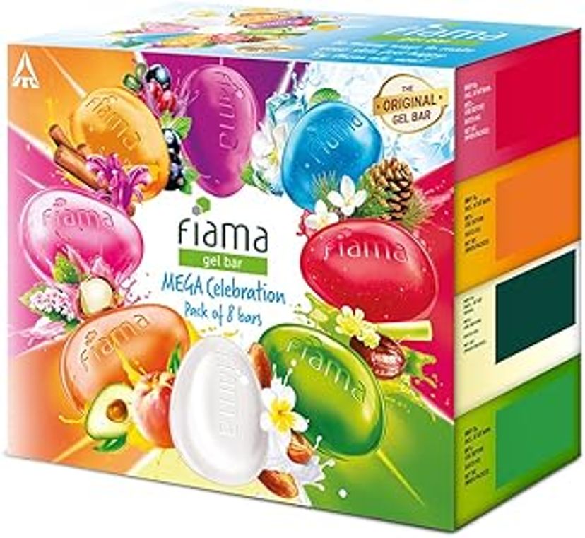 Fiama Gel Bathing Bar Mega Celebration Pack, With 8 Unique Gel Bars, 1000g (125g - Pack of 8), with Skin Conditioners For Moisturized Skin, Soap for Women & Men, For All Skin Types Moisturizing