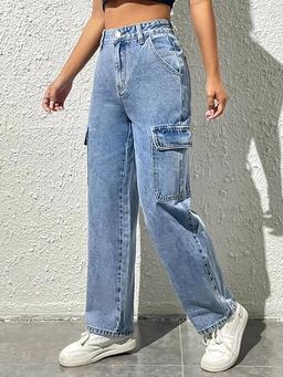 KOTTY Women's Solid High Rise Relaxed Fit Cargo Jeans thumbnail 2