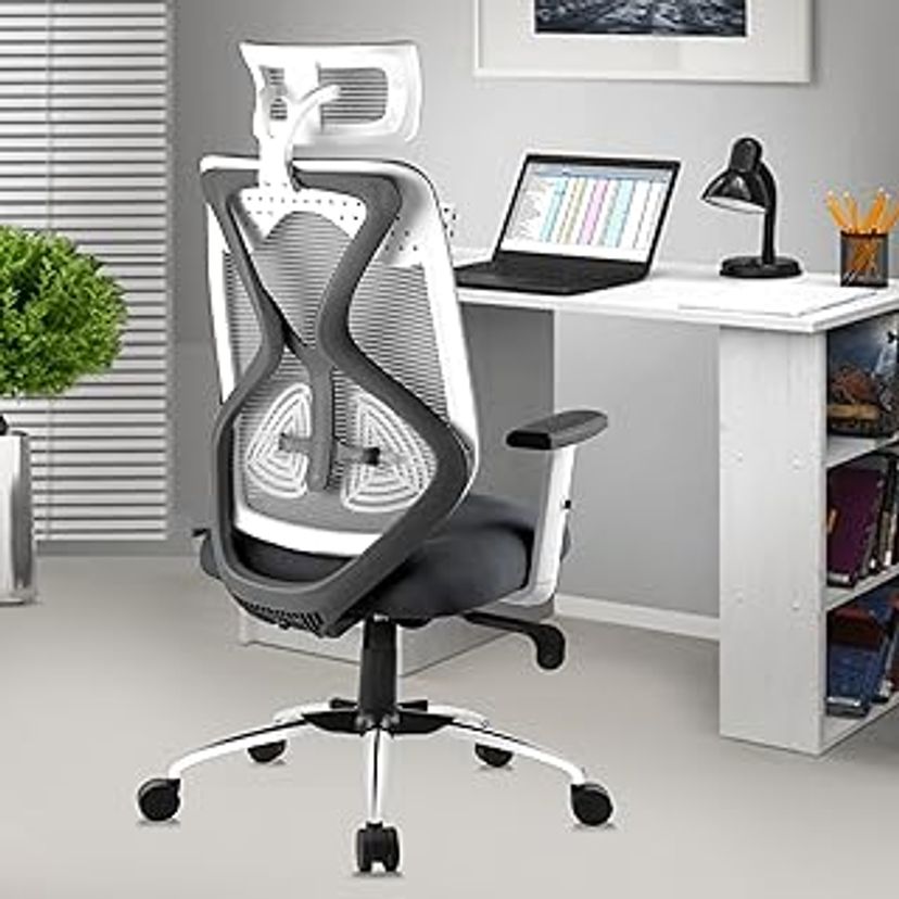 ASTRIDE Ergofit Ergonomic Office Chair for Home | 3-Years Warranty | 2D Headrest, Adjustable Arms & Lumbar Support | Tilt Lock Mechanism [Heavy Duty Chromium Metal Base, Grey-White] Boss Cabin, Home Office