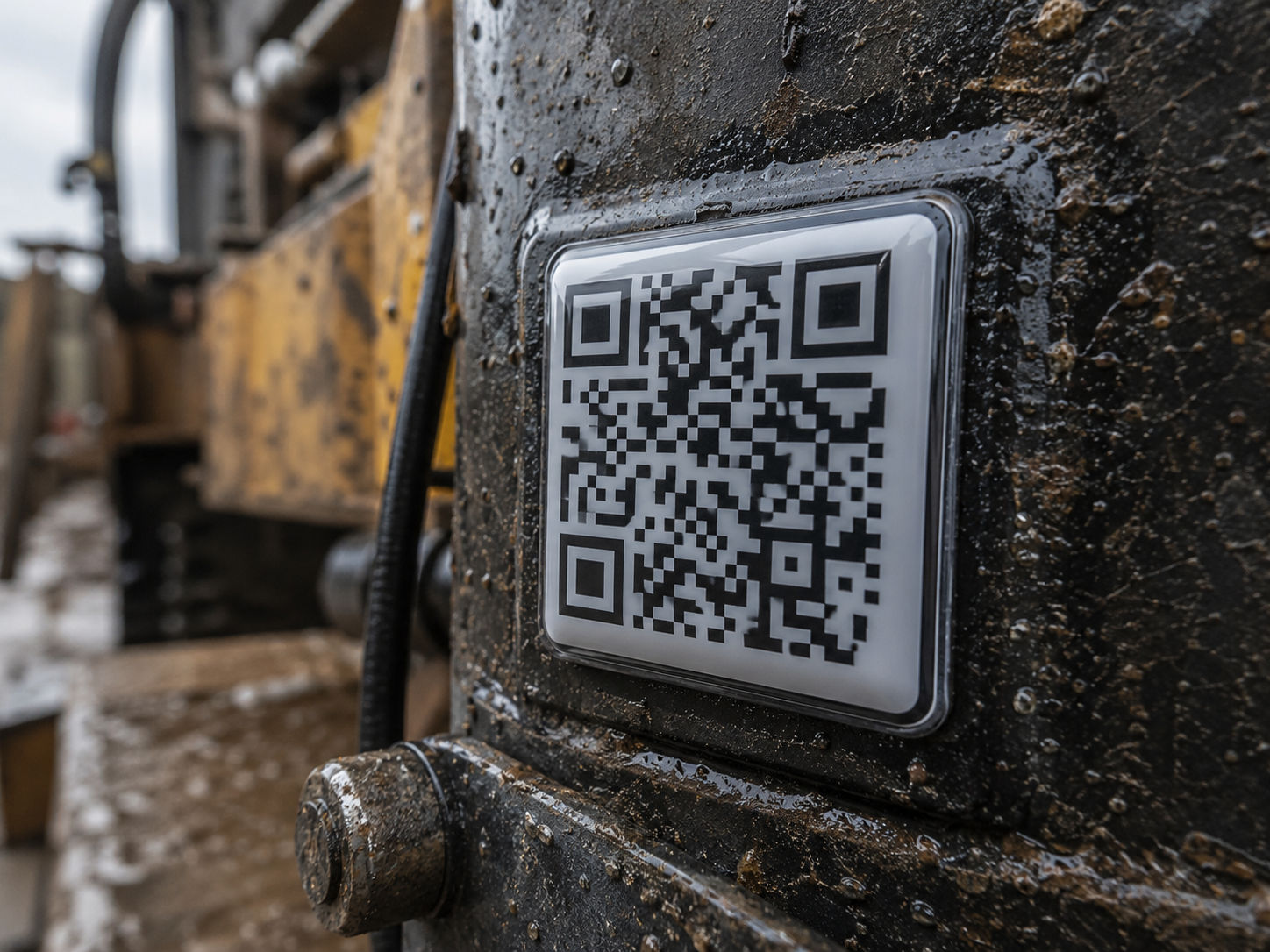 Domed QR code label staying clean and scannable on muddy heavy construction equipment