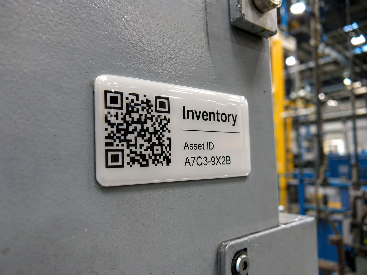 Domed QR code asset ID label on factory machinery used for inventory tracking