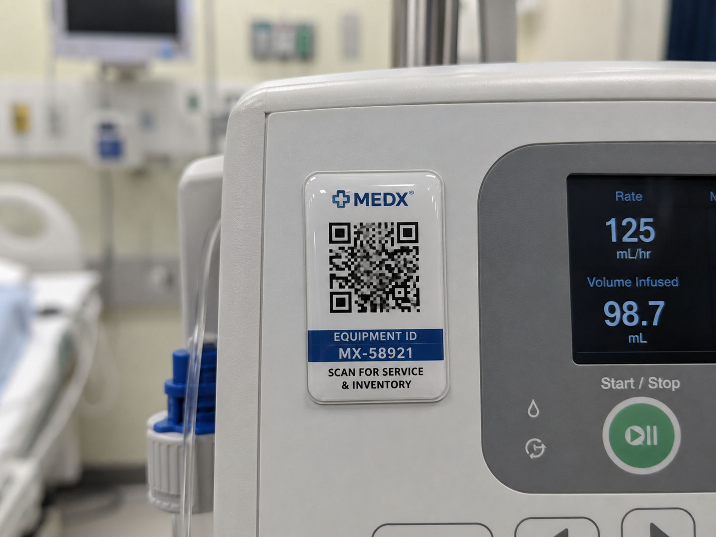 Domed QR code equipment ID label on a medical infusion pump, linking to service and inventory records