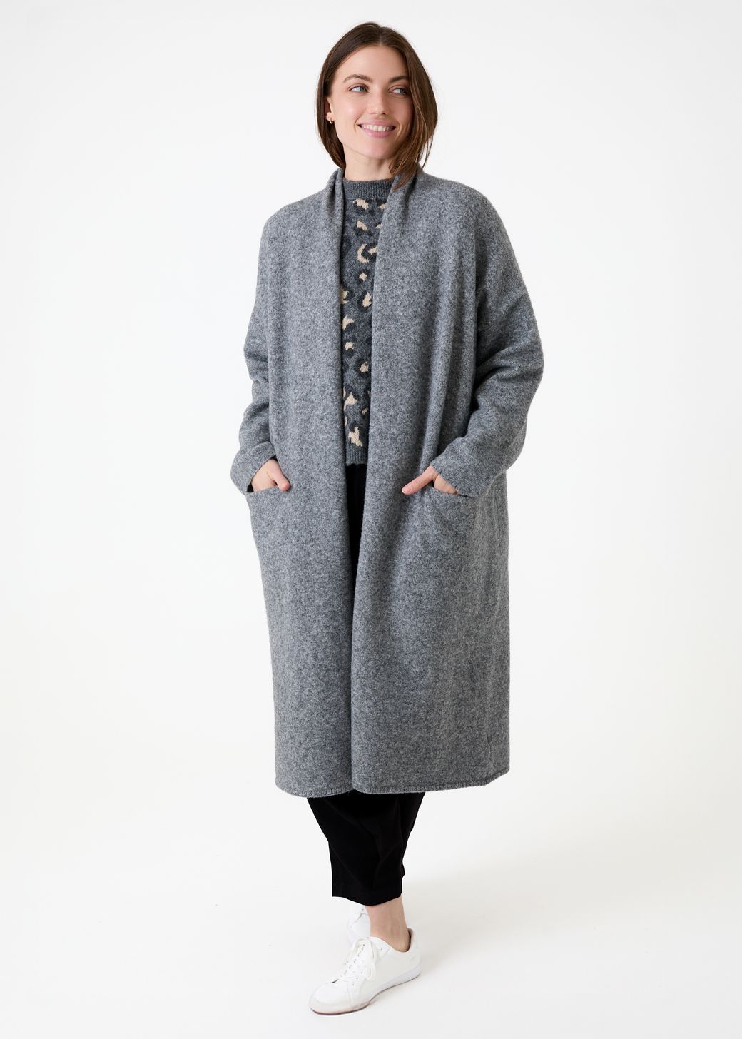 Soft Tweed Roll Collar Coatigan