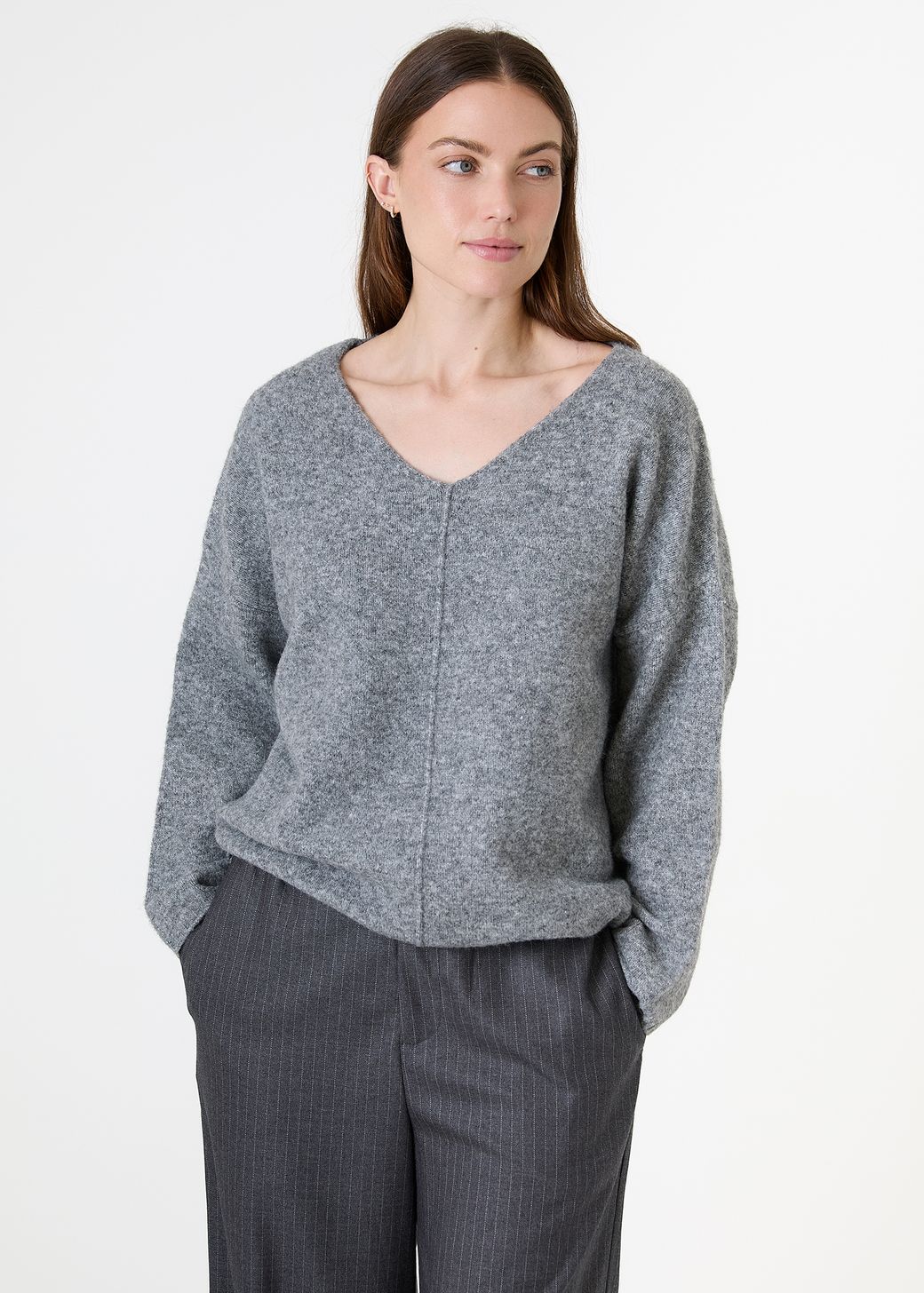 Soft Tweed V-Neck Seam Detail Jumper