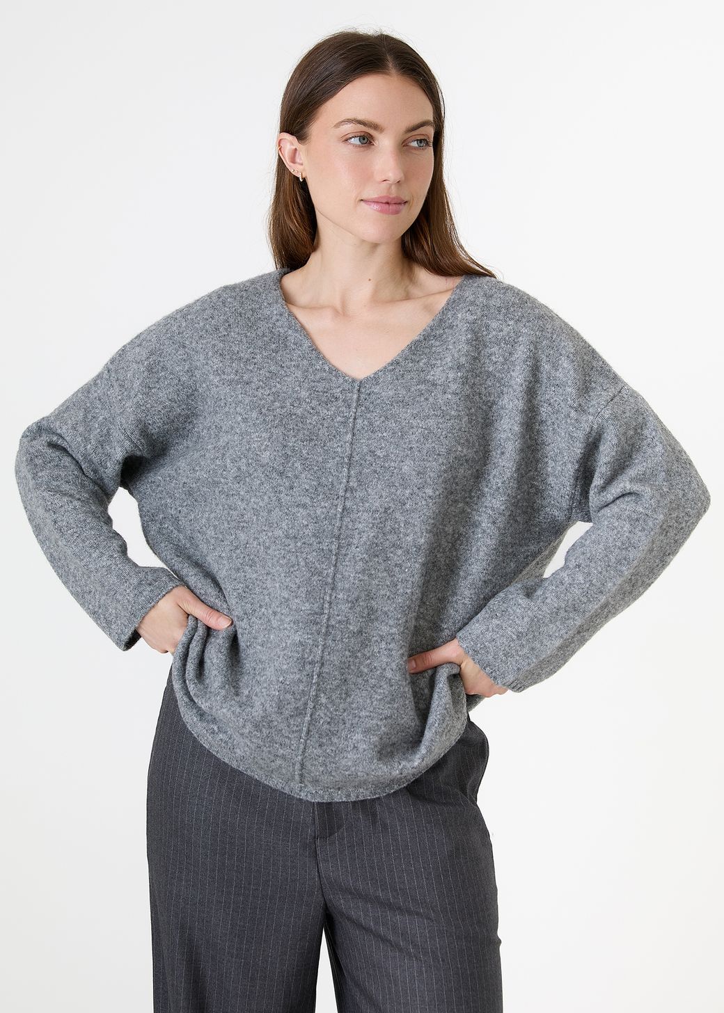 Soft Tweed V-Neck Seam Detail Jumper