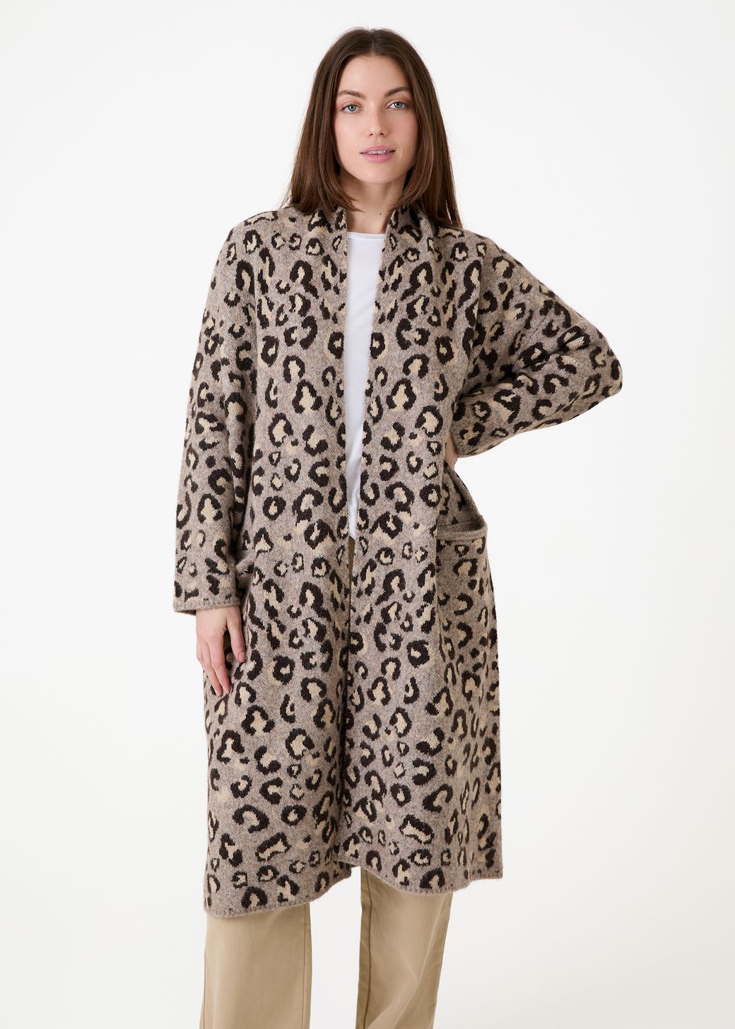 Leopard Jacquard Roll Collar Coatigan