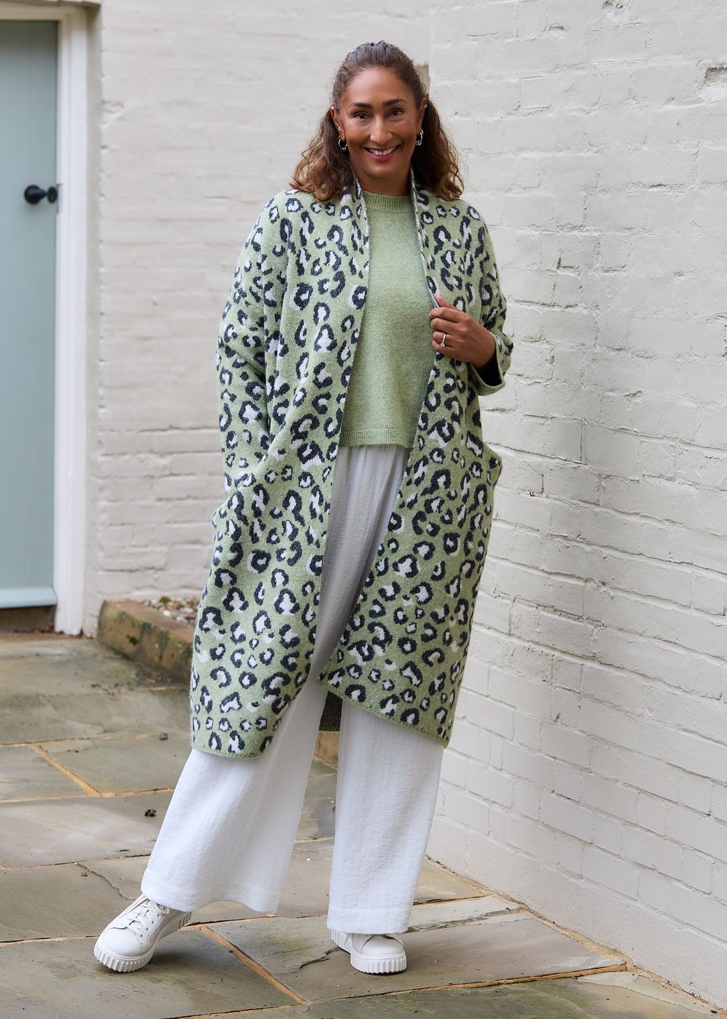 Leopard Jacquard Roll Collar Coatigan