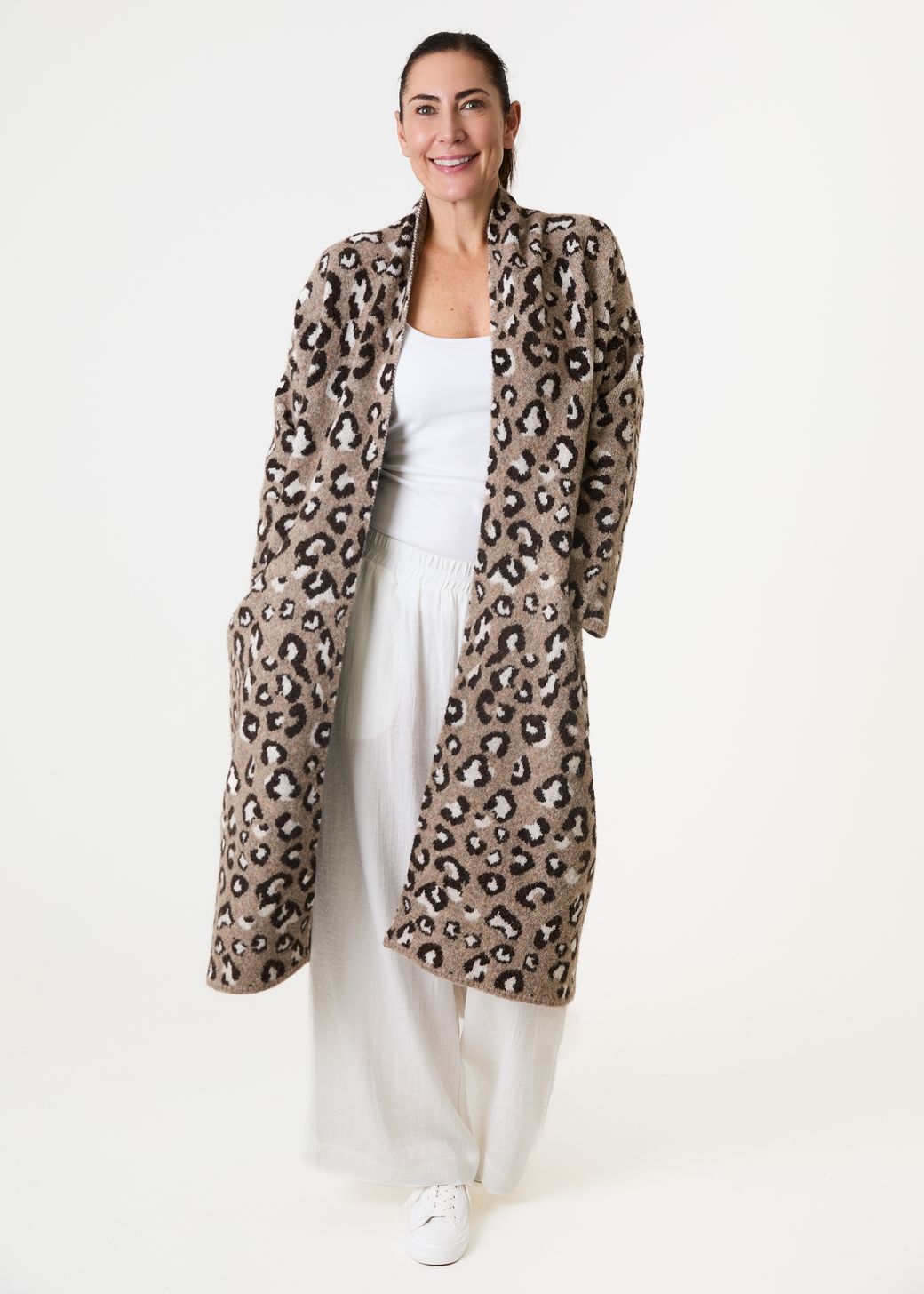Leopard Jacquard Roll Collar Coatigan