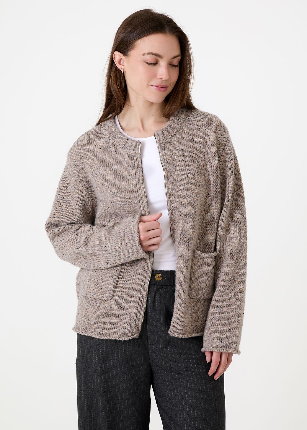 Soft Nep Boxy Zip Front Cardigan