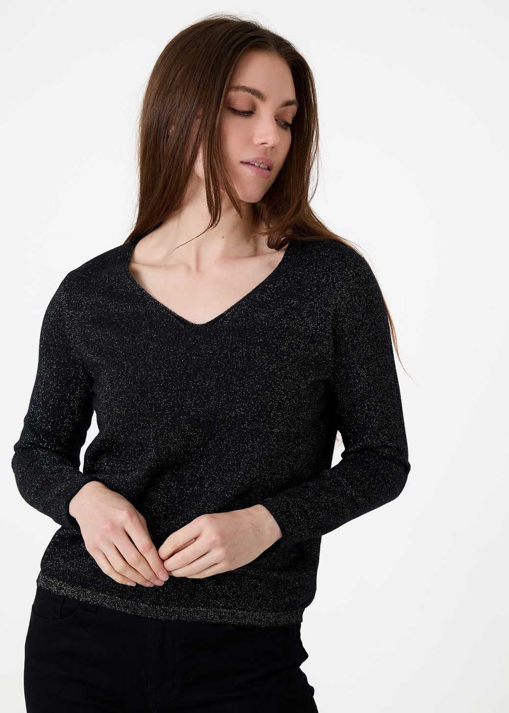 Cashmere Like Lurex Fitted V-Neck Jumper