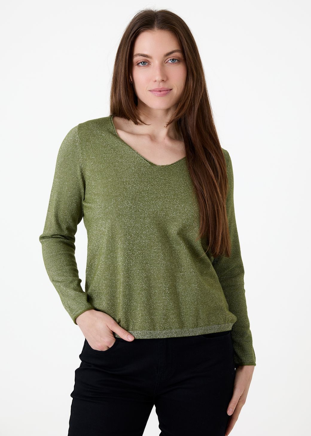 Cashmere Like Lurex Fitted V-Neck Jumper