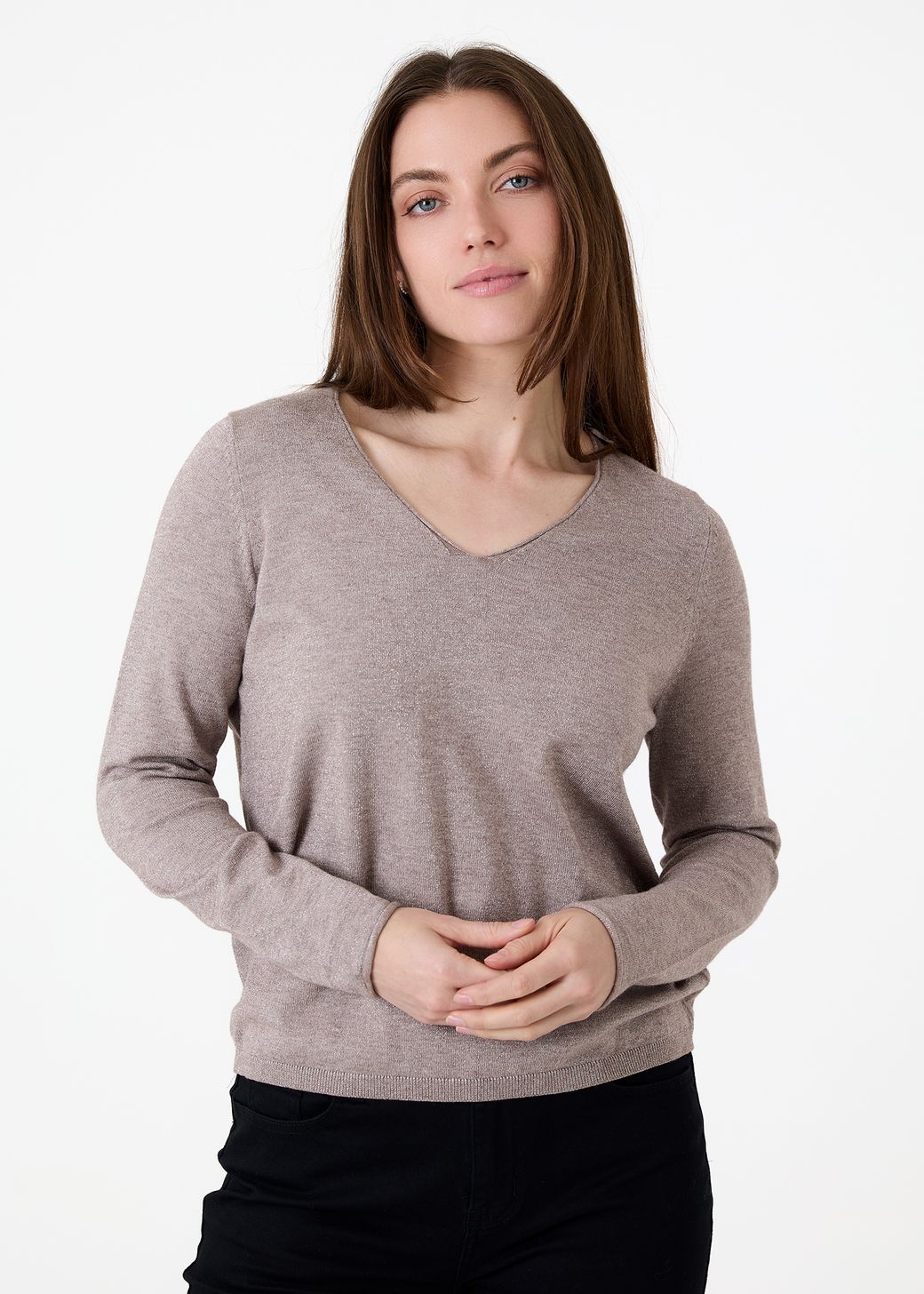 Cashmere Like Lurex Fitted V-Neck Jumper