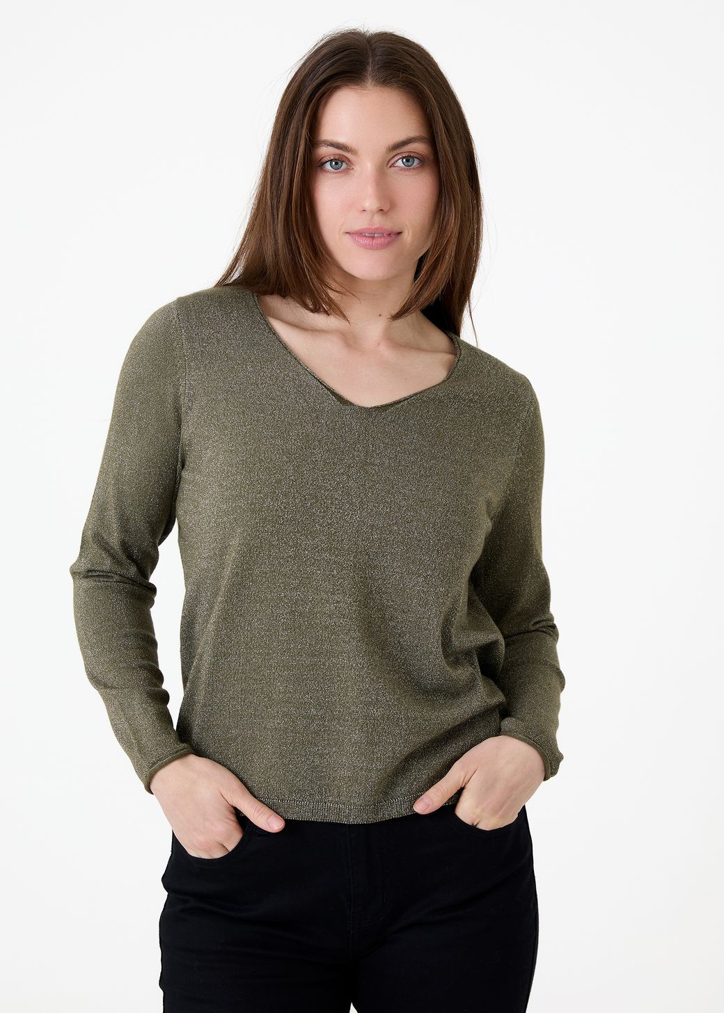 Cashmere Like Lurex Fitted V-Neck Jumper