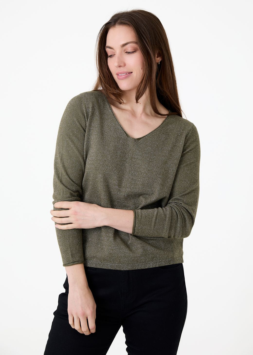 Cashmere Like Lurex Fitted V-Neck Jumper